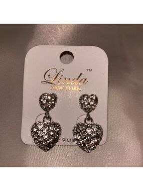 NWT Silver Double Heart Crystal Dangle Earrings